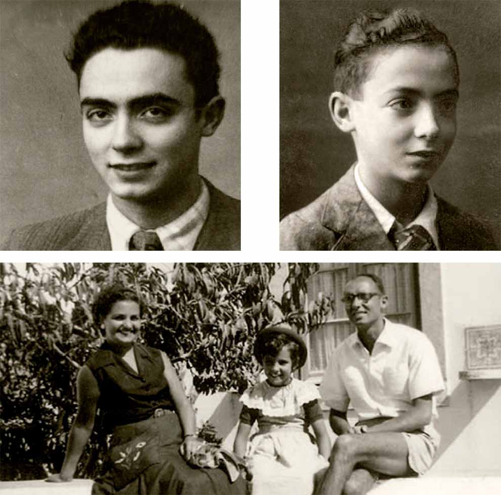 Composição com três fotos em preto e branco. Em sentido horário, na primeira foto, há um homem que aparece do peito para cima. Ele tem o cabelo curto, sobrancelhas grossas e está sorrindo. Na segundo foto, há um menino branco de cabelo curto, que aparece do peito para cima e usa terno e gravata. Na terceira foto há uma mulher, uma criança e um homem sentados em um jardim, em frente a uma casa.