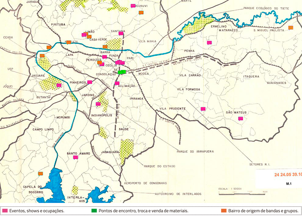Mapa de São Paulo – Emplasa 1989, modificado com informações sobre movimentações punks durante a década de 1980 encontradas no acervopunk.com.br