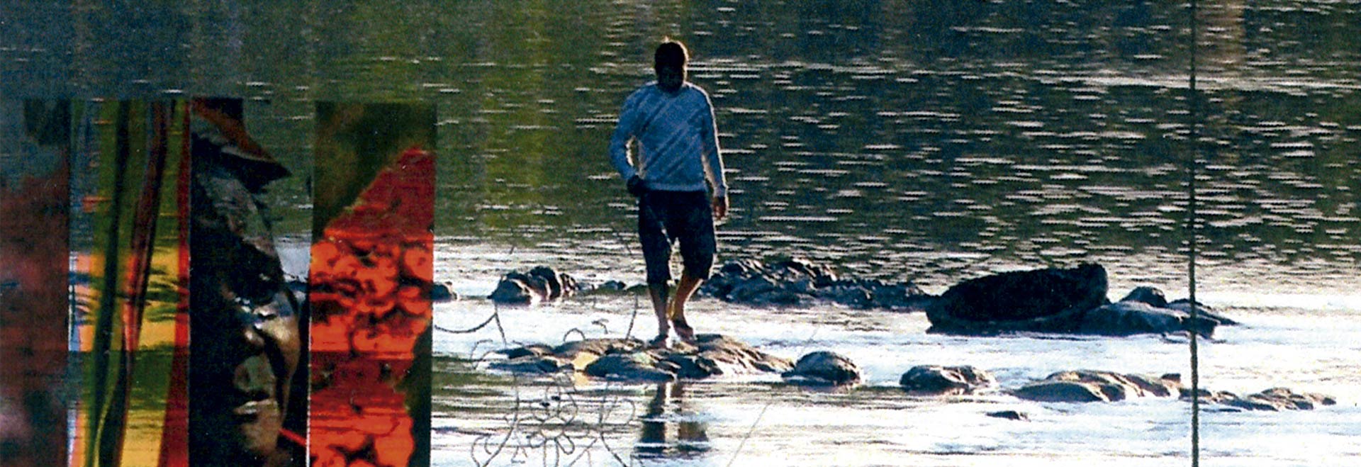 Audiodescrição. Fotos: Felipe Bezerra e divulgação. Às margens de um grande rio, imagem frontal à média distância de homem em pé que caminha sobre pedras na beira de um rio, que se estende para todo o fundo da imagem. Há bastante reflexo sobre as calmas águas. Ele usa bermuda e camisa de mangas compridas. No canto inferior à esquerda da foto, há uma imagem sobreposta apresentadas em 4 tiras verticais onde aparecem o rosto de uma pessoa e outras ilustrações. Imagem 1 de 1