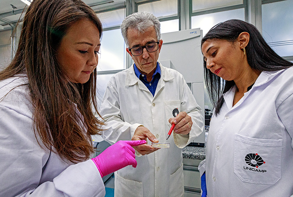 O professor Marco Aurélio Zezzi Arruda, coordenador das pesquisas, e as pós-doutorandas Lilian Seiko Kato (à esq.) e Ana Beatriz Santos da Silva