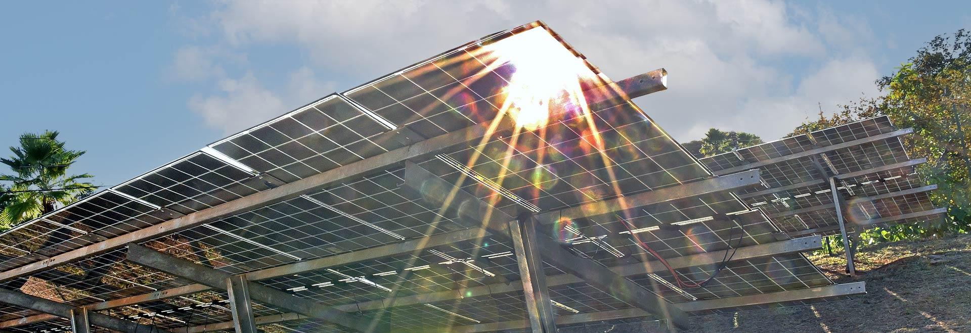 Audiodescrição. Foto: Antoninho Perri. Em área externa, imagem em perspectiva, a curta distância e de baixo para cima de várias placas de geração de energia fotovoltaica intaladas em estruturas metálicas próximas a uma área com vegetação. As placas são retangular e medem cerca de 70 centímetros por 1 metro e 20, sendo que elas estão dispostas uma ao lado da outra, horizontalmente. No canto da placa que aparece em primeiro plano há o efeito da incidência solar, que provoca reflexo brilhante, Imagem 1 de 1