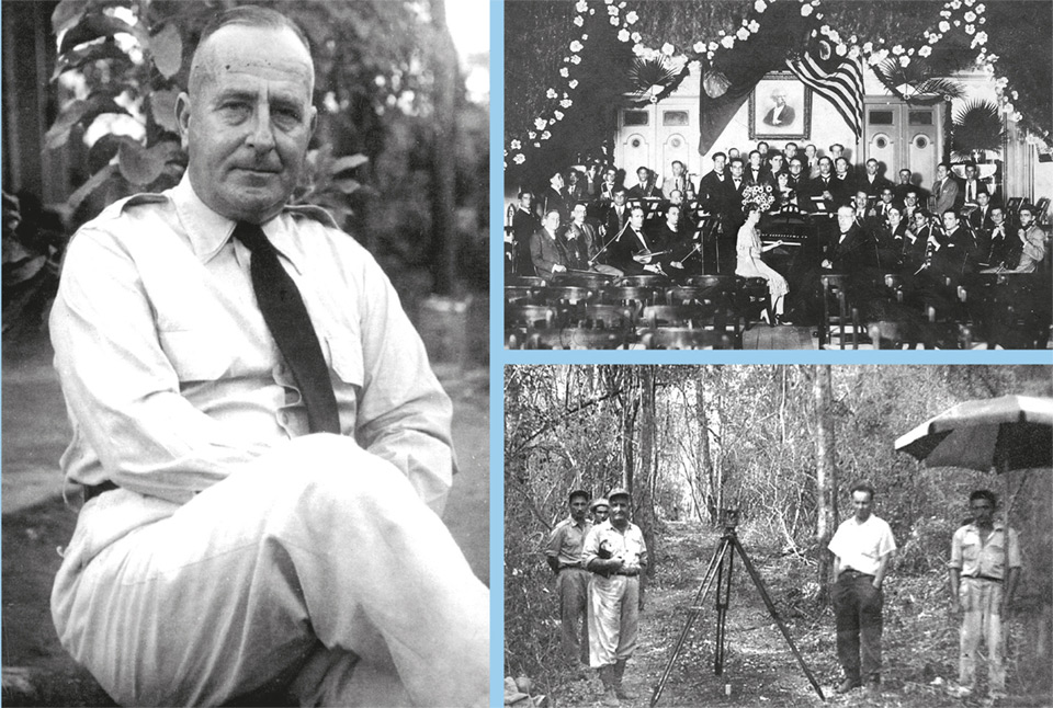 Charley W. Frankie em três momentos: em retrato, na Orquestra de Limeira em 1927 (segundo violinista, à esq.) e trabalhando na demarcação de terras (primeiro plano, à esq.)