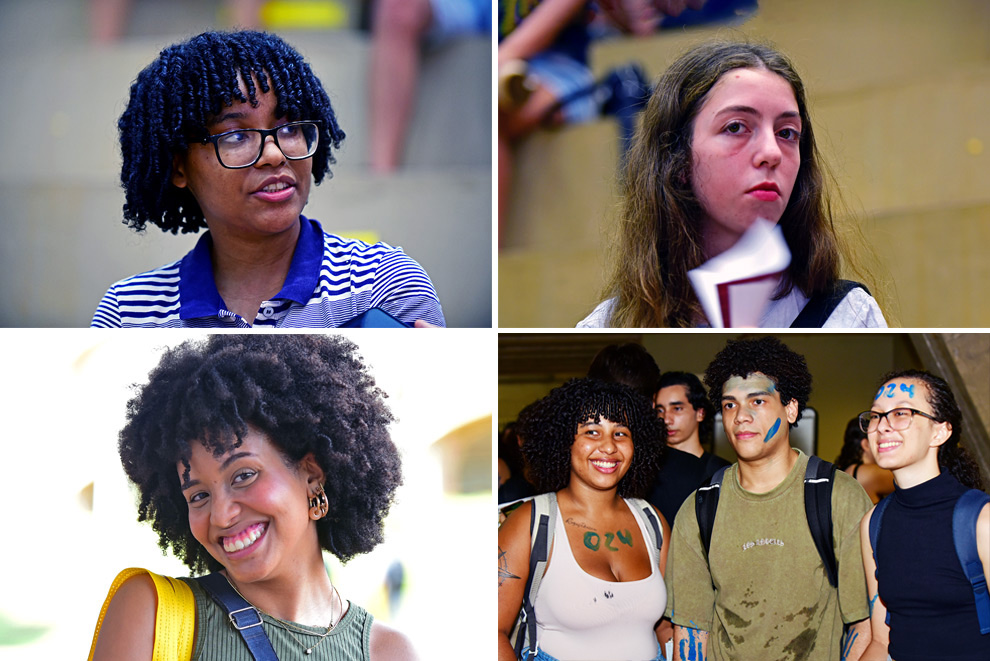 No sentido horário, as calouras de Engenharia de Computação Naomi Raymundo e Thais Arruda; os ingressantes em História Mariana Lima, Mateus Barbosa e Isadora Carnot e a nova aluna do curso de Pedagogia Vitória Carolina