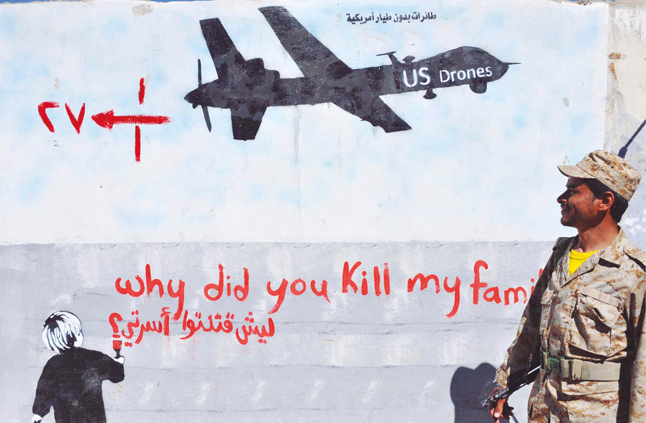Muro em Sana’a, capital do Iêmen: desde 2002, cerca de 150 civis morreram em centenas de ataques por drones