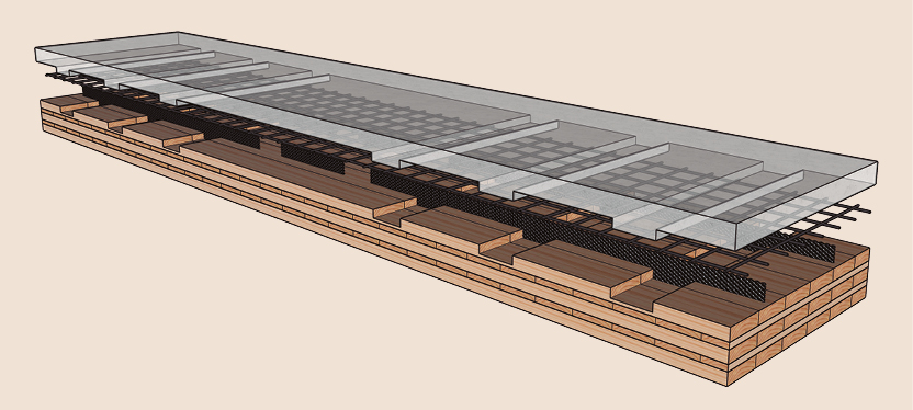 Detalhe da junção entre a madeira e o concreto: conectores mecânicos foram desenvolvidos no Brasil
