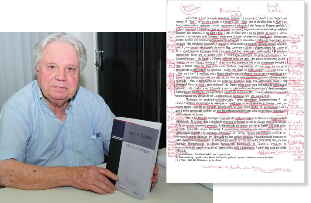 Fausto Castilho com exemplar de Ser e Tempo, de Heidegger; no destaque, rascunho da tradução com anotações do filósofo: 60 anos de trabalho 