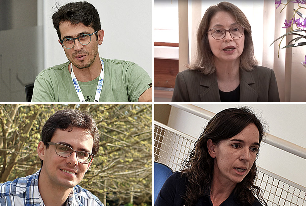 No sentido horário, pesquisadores do Cepagri, David Lapola (coordenador associado), Ana Ávila (meteorologista), Priscila Coltrin (coordenadora) e Bruno Bainy (meteorologista):  único sensor que permite prever eventos severos