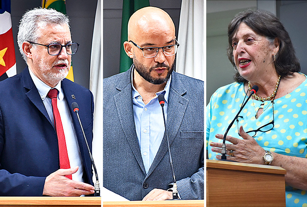 Da esquerda para a direita. o reitor Antonio Meirelles, o diretor da FEA Anderson Sant'Ana e a madrinha do homenageado Gláucia Pastore