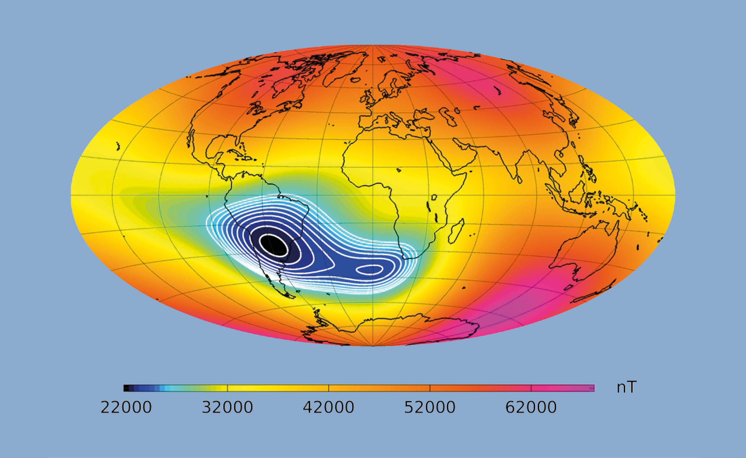 Representação gráfica da intensidade total do campo magnético da Terra, com a escala indicando valores em nanoteslas