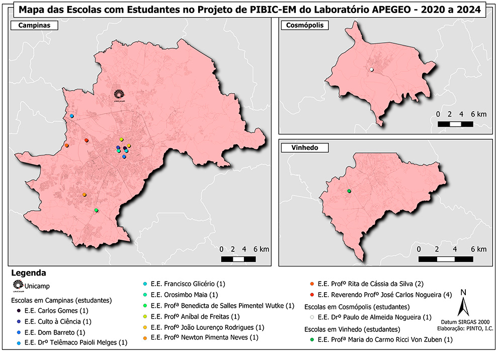 Mapa das escolas com estudantes no projeto de Pibic-EM do laboratório Apegeo