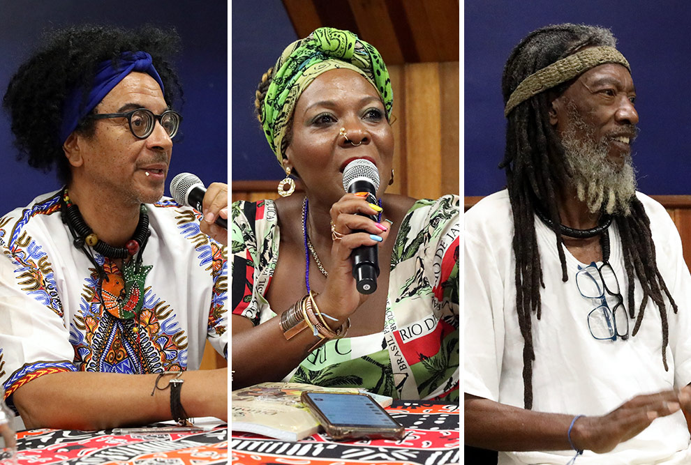 Da esquerda para a direita, o dramaturgo Marcos Brytto, fundador da Casa Aquarela, a gestora da Casa de Cultura Fazenda Roseira Alessandra Ribeiro e o instrumentista TC Silva, fundador da Casa de Cultura Tainã