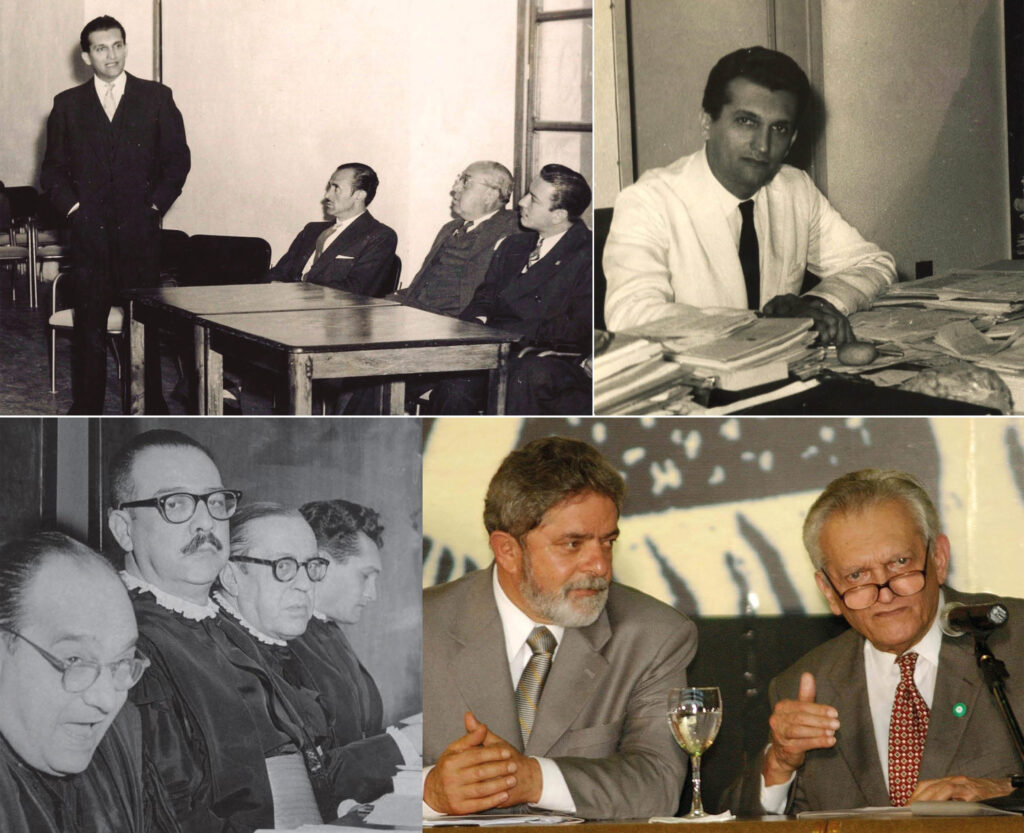 Na sequência de fotos, Celso Furtado em conferência da Cepal, em Quito (Equador), em 1954; em Recife, na sede da Sudene, da qual foi o primeiro superintendente; com João Cruz Costa, Lourival Gomes Machado e Sérgio Buarque de Holanda, na USP, em 1961; e com o presidente Luiz Inácio Lula da Silva, em Brasília