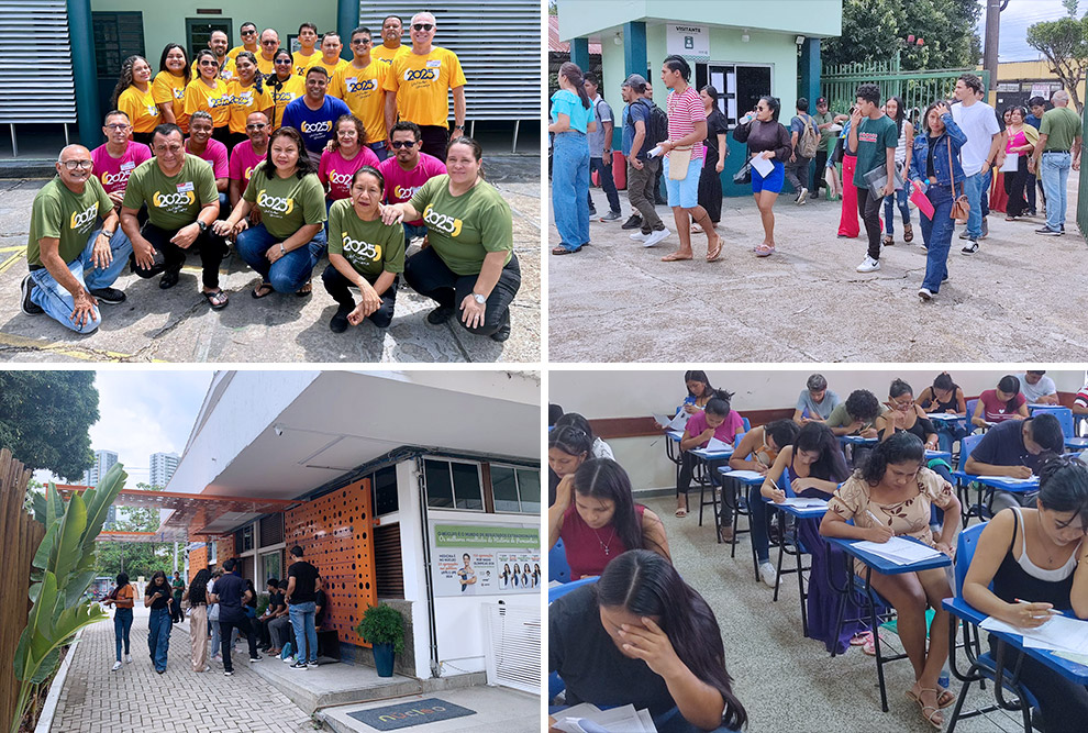 No alto, equipe da Comvest (à esquerda) e candidatos entrando nos portões para a realização das provas em Tabatinga/AM (à direita); abaixo, estudantes esperam a abertura das salas em Recife/PE (à esquerda) e realizando o exame em São Gabriel da Cachoeira/AM (à direita)  