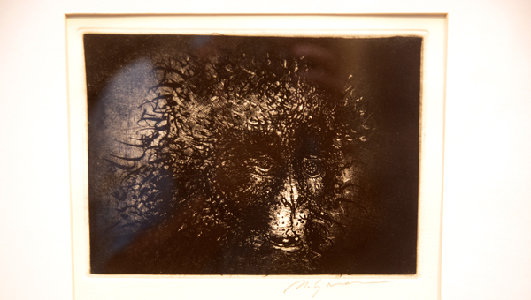 Obra de Marcello Grassmann: imagem de um macaco retratado de forma sombria
