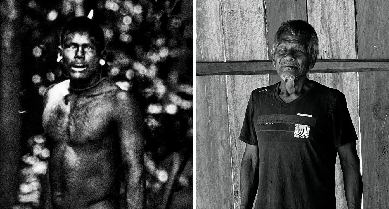 À esquerda, foto de Pedro Martinelli registra o primeiro encontro de Sôkriti com irmãos Vilas Boas, em 1973; à direita, Sôkriti nos dias atuais