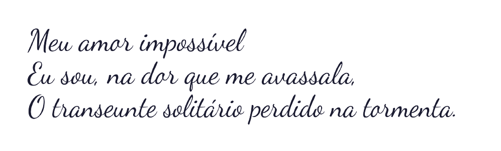 Imagem
Meu amor impossível
Eu sou, na dor que me avassala,
O transeunte solitário perdido na tormenta.