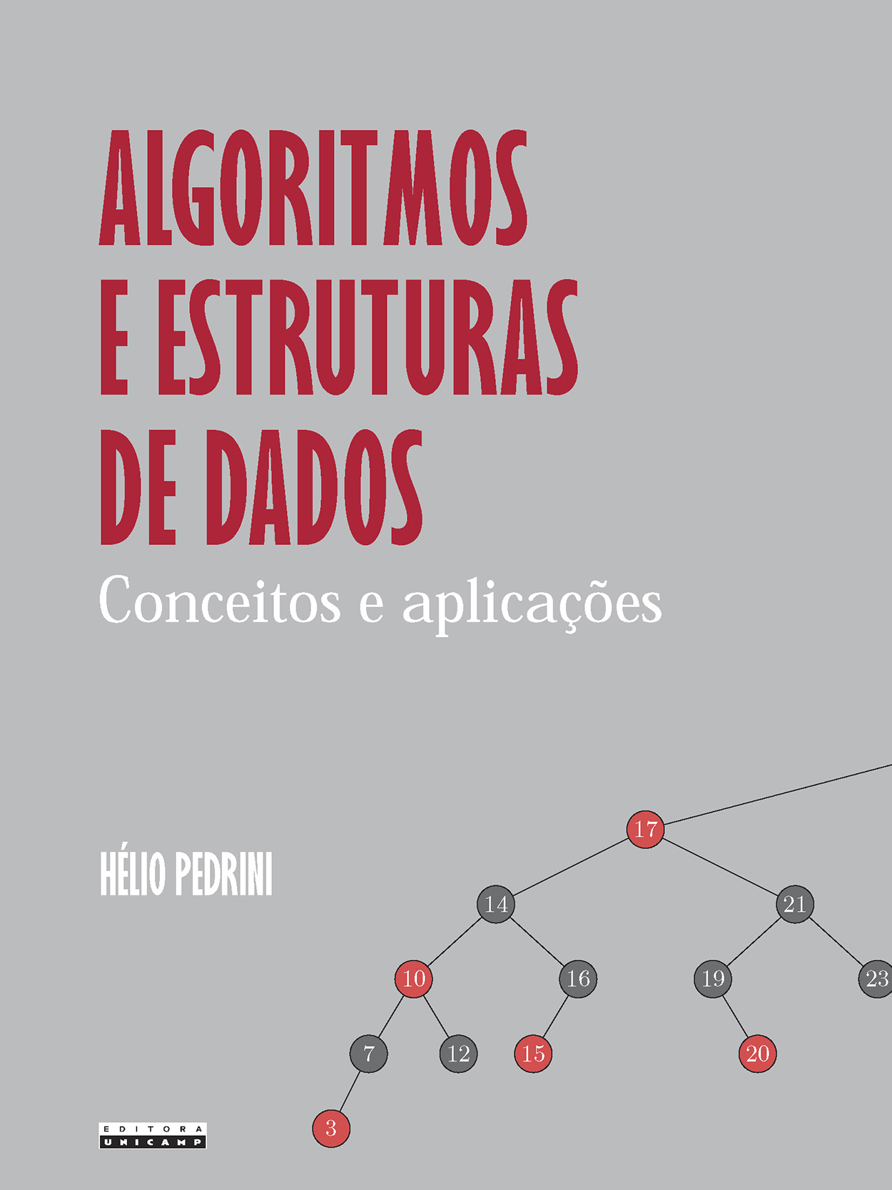 A imagem mostra a capa de um livro. O fundo é cinza, e no topo está o título em letras grandes e vermelhas: “ALGORITMOS E ESTRUTURAS DE DADOS”. Abaixo, em letras brancas menores, lê-se: “Conceitos e aplicações”.
Mais embaixo, à esquerda, está o nome do autor, Hélio Pedrini, também em branco. No canto inferior esquerdo, há o logotipo da Editora Unicamp.
Na parte inferior da capa, aparece uma ilustração de uma árvore binária, com círculos cinzas e vermelhos conectados por linhas, representando nós e ligações de dados.