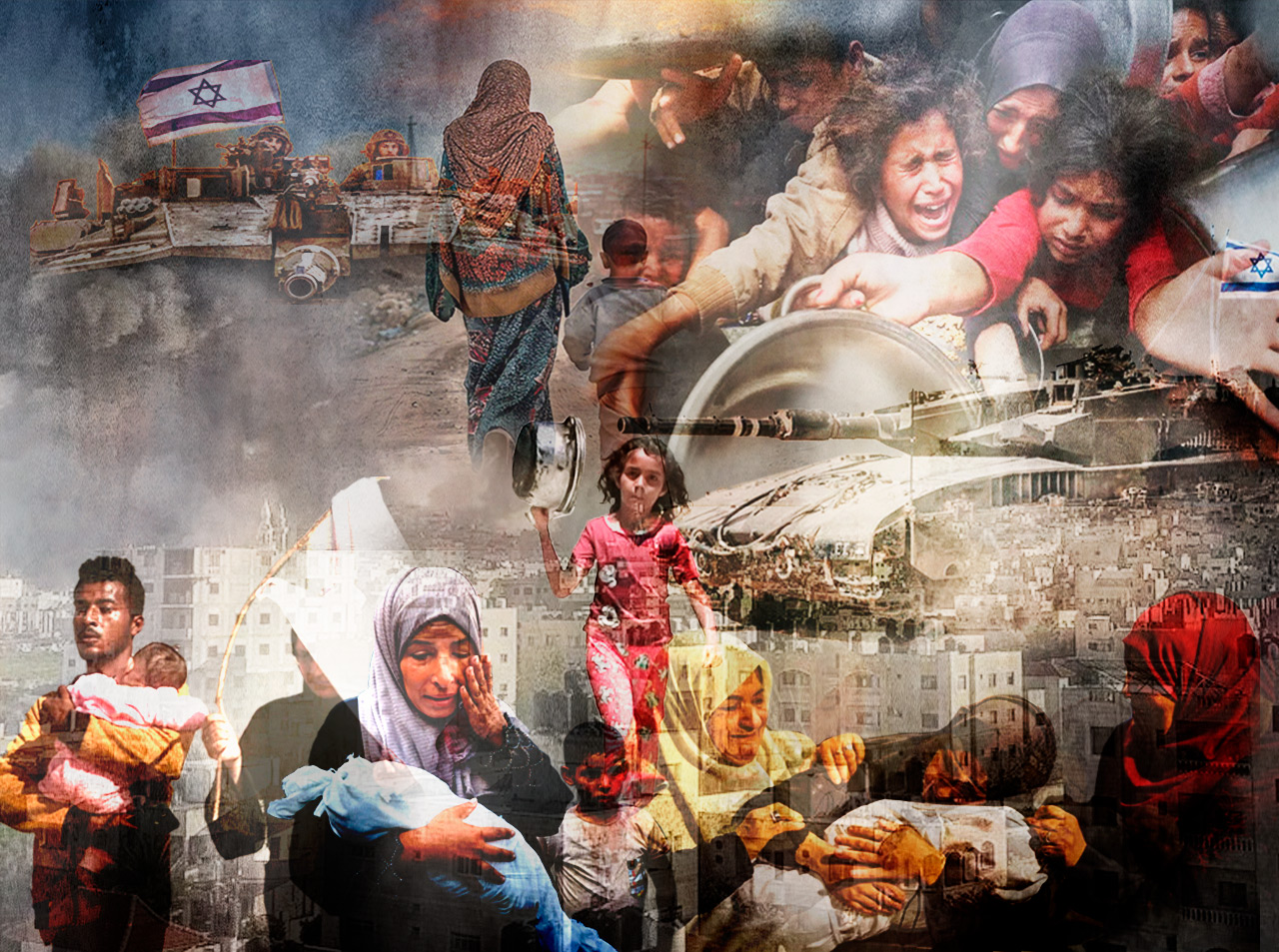 Fotomontagem com cenas do conflito em Gaza