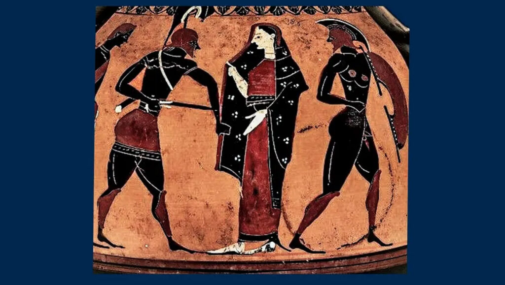 Helena resgatada por Menelau (ânfora ática de figuras negras, c. 550 a.C.) - Foto: Divulgação Wikipedia
