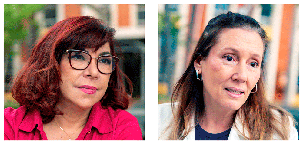 A imagem mostra as pesquisadoras Barbara Teruel, à esquerda de óculos e  de camisa na cor Rosa e Maria Julia Mieli, de camisa azul e branca