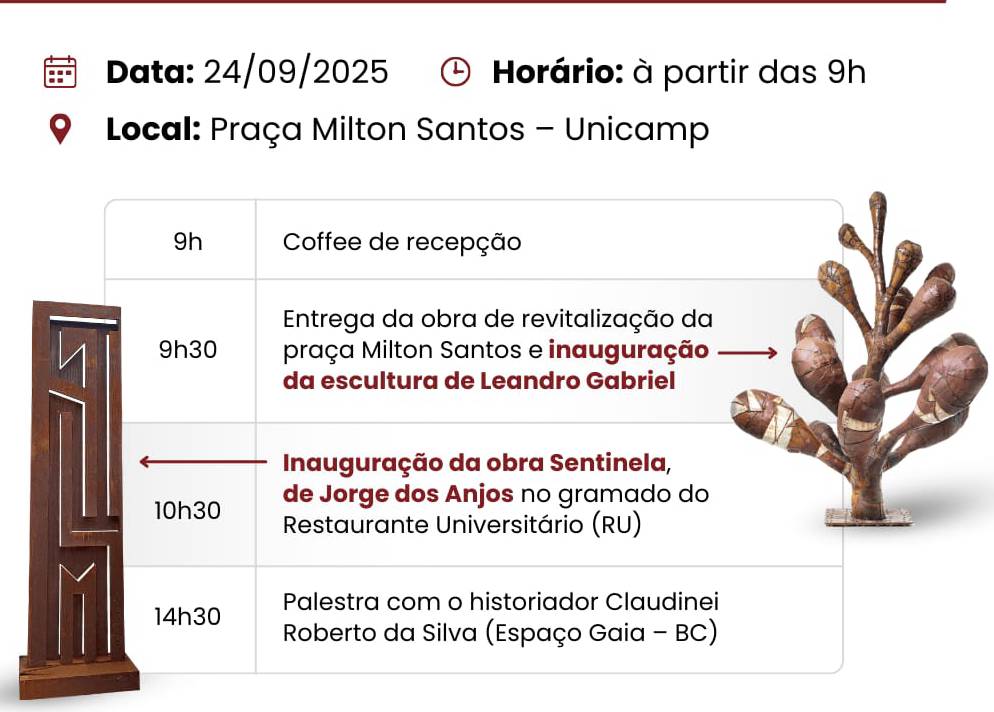 Obra de revitalização da Praça Milton Santos terá lançamento de esculturas do Projeto “Arte no Campus II” e palestra com o historiador Claudinei Roberto da Silva 