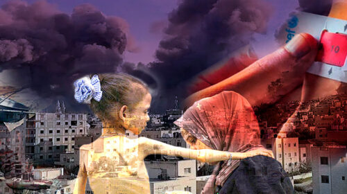 Fotomontagem com imagens de pessoas e crianças sem acesso a alimentação na cidade de Gaza
