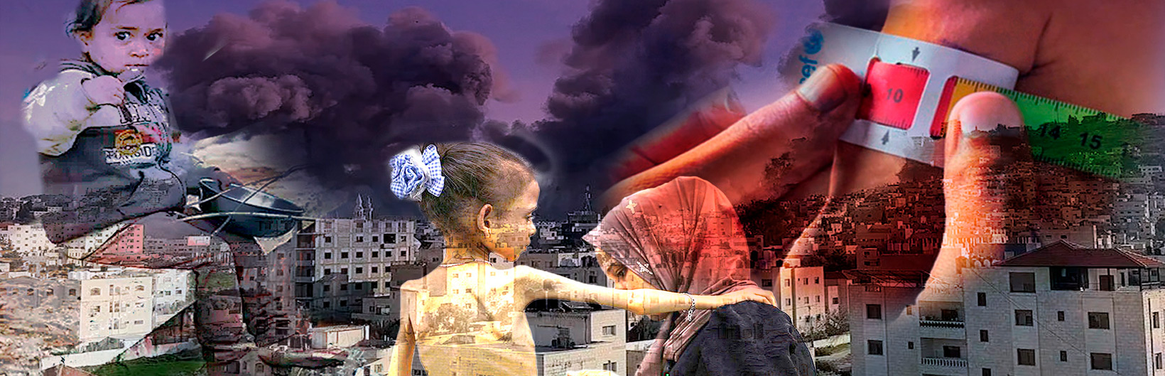 Fotomontagem com imagens de pessoas e crianças sem acesso a alimentação na cidade de Gaza