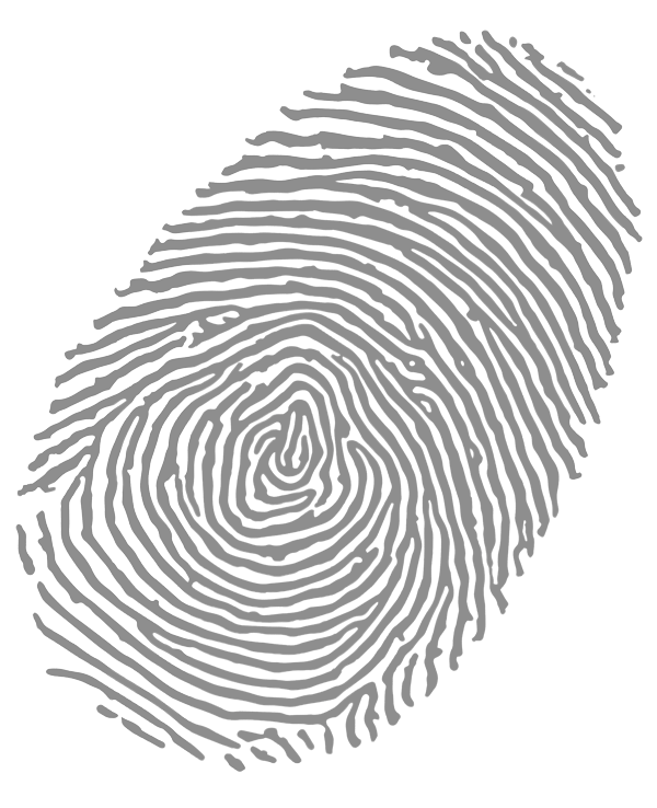 Uma impressão digital cinza com linhas curvas e espirais, em um fundo branco.