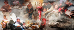 Fotomontagem com cenas do conflito em Gaza