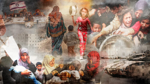 Fotomontagem com cenas do conflito em Gaza