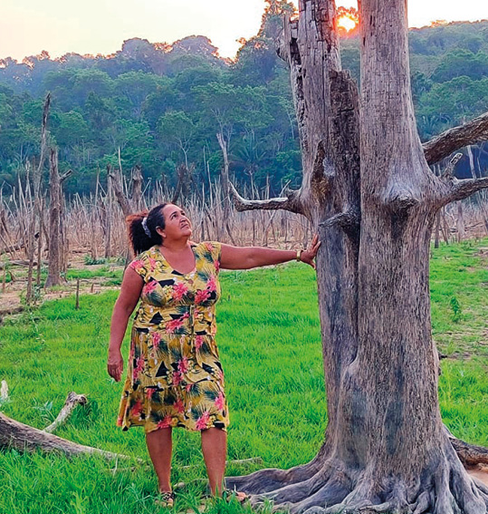 A imagem mostra uma mulher em pé em um campo verde, tocando o tronco de uma grande árvore seca. Ela usa um vestido colorido com estampas tropicais e olha para cima, em direção à copa da árvore. Ao fundo, há uma paisagem com muitas árvores secas e, mais distante, uma floresta densa e verde sob o céu claro, com o sol se pondo atrás das árvores.