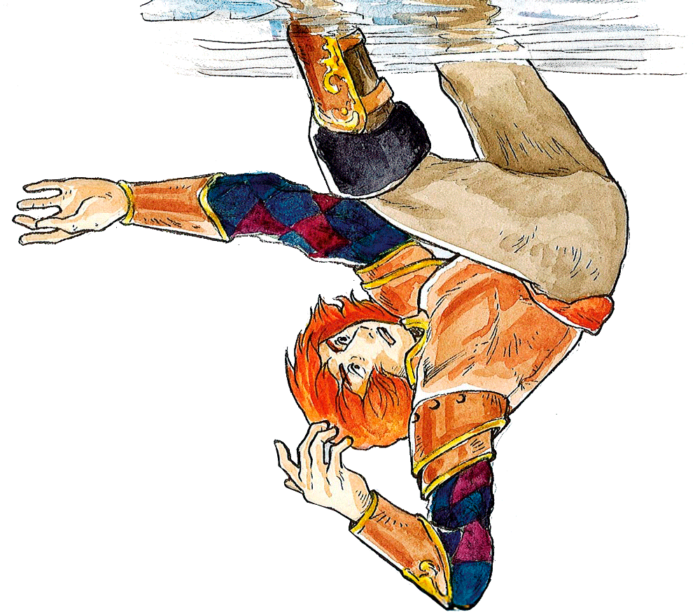 Esta é uma ilustração de um personagem masculino de cabelo laranja, desenhado em estilo de quadrinhos ou mangá.
Ele está posicionado de cabeça para baixo, contra um fundo totalmente preto. Sua imagem a partir da cintura está refletida em uma superfície que parece ser água, na parte superior do desenho.
O personagem veste uma roupa de estilo fantasia, com uma couraça laranja, mangas com padrão de losangos em azul e vermelho, e calças marrons. Ele olha para o espectador com uma expressão de surpresa ou esforço, gesticulando com as mãos abertas. O estilo da coloração parece ser feito com aquarela ou marcadores.