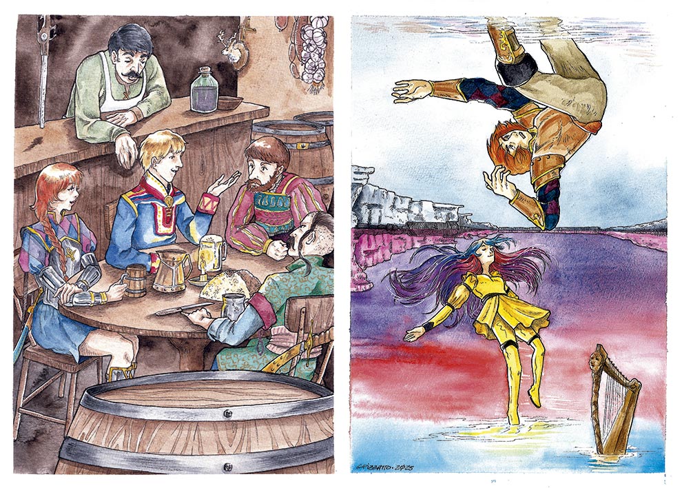 Esta imagem mostra duas ilustrações coloridas, lado a lado, em um estilo de quadrinhos ou mangá com coloração que lembra aquarela.
À esquerda: A cena se passa no interior de uma taverna rústica. Um grupo de quatro pessoas com trajes de fantasia está sentado ao redor de uma mesa de madeira redonda, conversando e bebendo em canecas. Ao fundo, um taverneiro com bigode está apoiado no balcão. O ambiente é preenchido com barris de madeira e detalhes como uma cabeça de cervo e alhos pendurados na parede.
À direita: A cena é mais surreal e fantástica. Uma mulher com longos cabelos roxos e um vestido amarelo está de pé na beira de um corpo d'água colorido em tons de roxo e vermelho. Acima dela, refletido ou caindo em direção à água, está um homem de cabelo laranja de cabeça para baixo. Ao lado da mulher, uma harpa dourada está pousada na água. Ao fundo, vê-se uma paisagem rochosa.