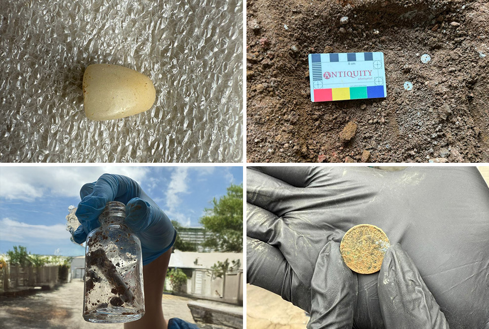 No sentido horário, objetos encontrados nas escavações: prótese dentária, botões, moeda e colírio