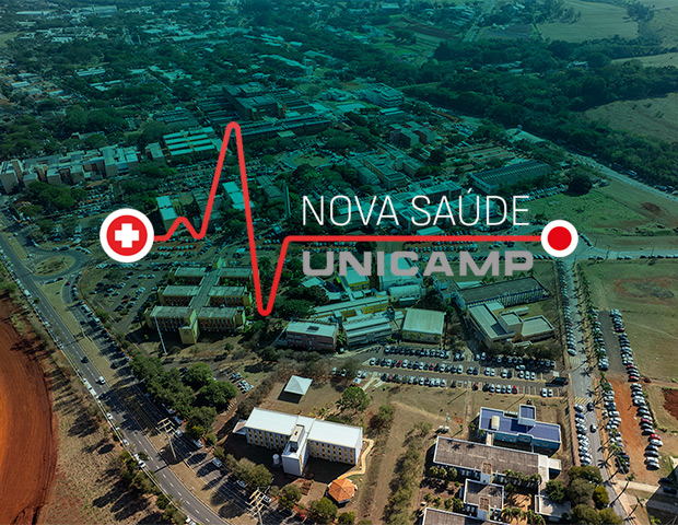 Imagem aérea da Unicamp e selo Nova Saúde Unicamp