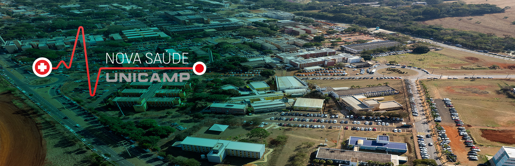 Imagem aérea da Unicamp e selo Nova Saúde Unicamp