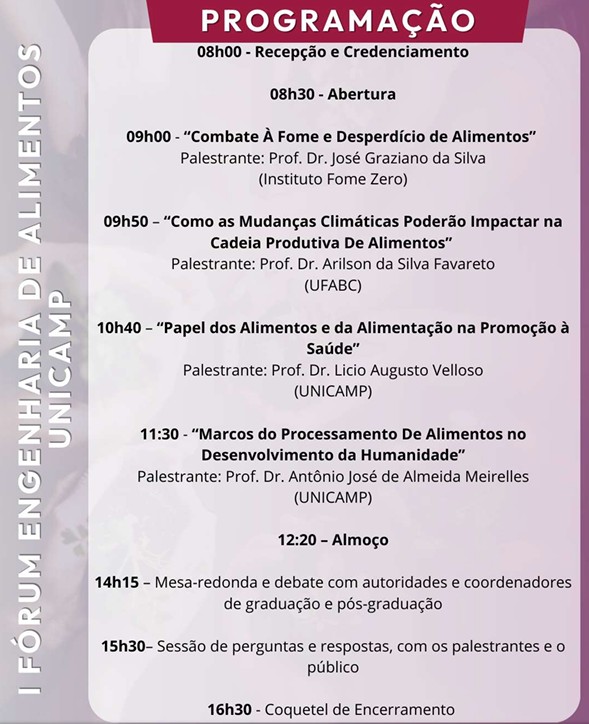 Programação evento FEA Ali entos