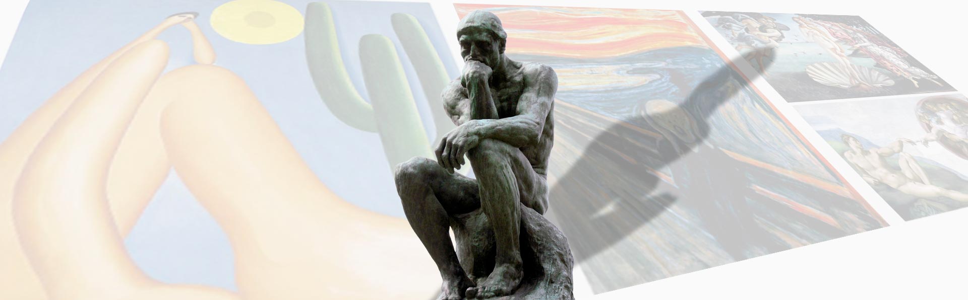 Imagem em formato horizontal com fundo claro. No centro, em primeiro plano, aparece a escultura de um homem nu sentado sobre uma rocha. Ele está inclinado para frente, com o cotovelo apoiado no joelho e a mão sustentando o queixo, em uma pose de reflexão. Atrás da escultura, formando um fundo em camadas, há várias imagens relacionadas à arte. À esquerda, aparecem formas suaves e orgânicas em tons claros, semelhantes a esculturas abstratas, ao lado de um cacto verde e um círculo amarelo que lembra um sol. À direita da escultura, várias pinturas famosas aparecem dispostas em perspectiva, como se estivessem apoiadas ou inclinadas no chão. Entre elas, é possível reconhecer uma pintura com uma figura gritando, de cores intensas e linhas onduladas, além de outras obras clássicas com figuras humanas. Uma sombra projetada atravessa parte dessas imagens ao fundo. A composição mistura escultura, pintura e elementos gráficos, criando uma cena que remete ao universo das artes visuais e à ideia de contemplação artística.